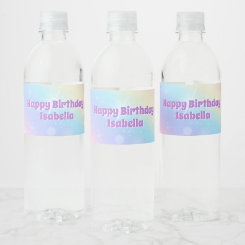 Cute Rainbow Pastel Sparkle Custom Birthday Party Water Bottle Label