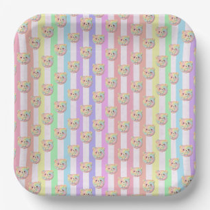 Cute Rainbow Pastel Teddy Bear and Stripe Paper Plates