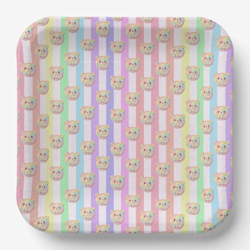 Cute Rainbow Pastel Teddy Bear and Stripe Paper Plates