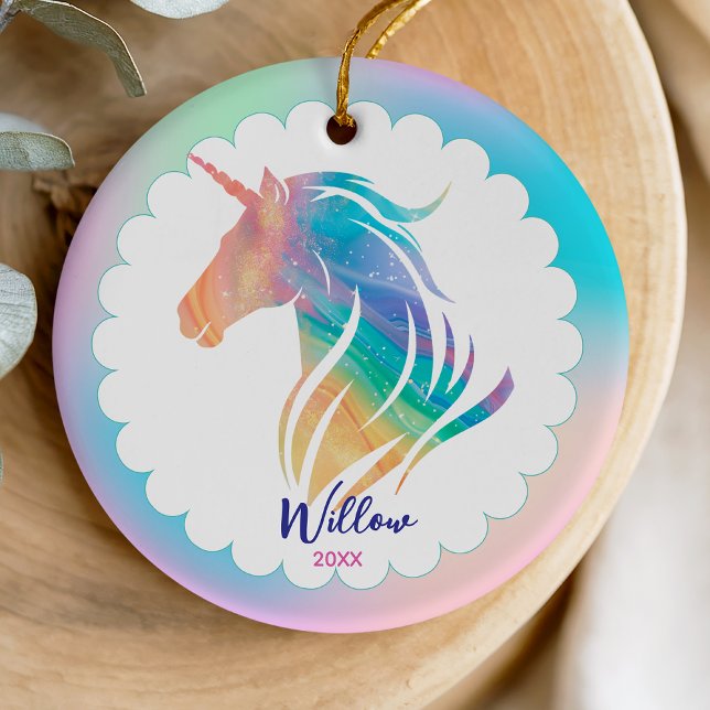 Cute rainbow pastel unicorn girly holiday keepsake ceramic ornament (Creator Uploaded)