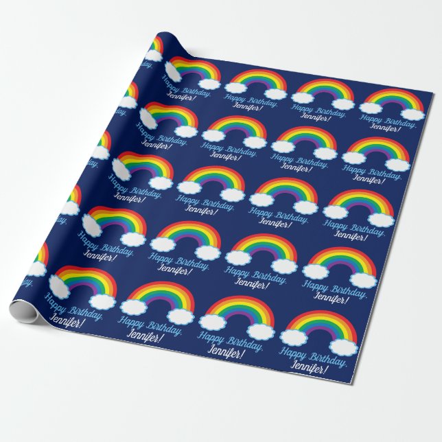 Cute Rainbow Pattern Custom Blue Birthday Wrapping Paper (Unrolled)