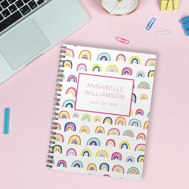 Cute rainbow pattern custom name notebook (Cute rainbow notebook.  Personalize with your name & choice of text. Back to school. Kids stationery)