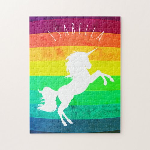 Cute Rainbow Pattern White Unicorn Personalized Jigsaw Puzzle