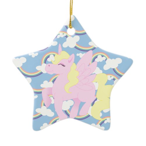 Cute Rainbow Pattern with Pink Unicorn Pegasus Ceramic Ornament