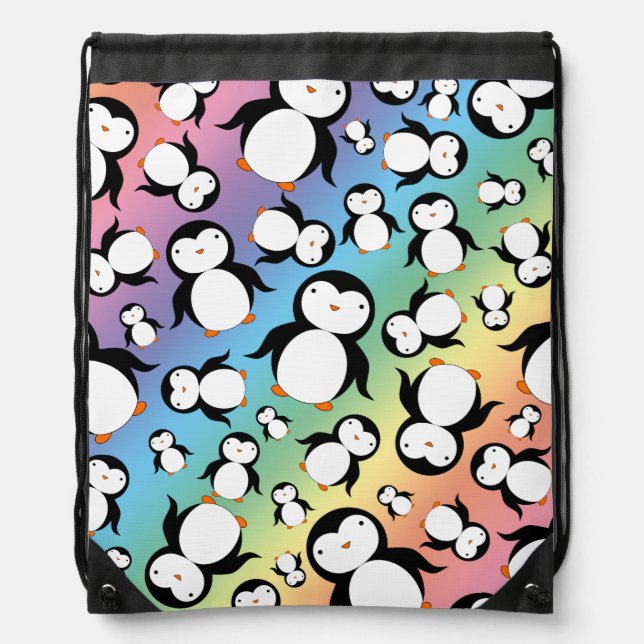 Cute rainbow penguin pattern drawstring bag (Front)