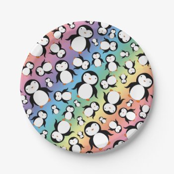 Cute Rainbow Penguin Pattern Paper Plates by Brothergravydesigns at Zazzle