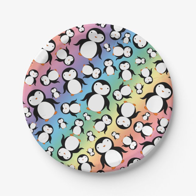 Cute rainbow penguin pattern paper plates (Front)