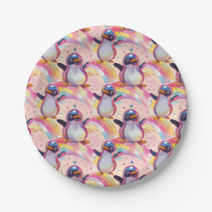 Cute Rainbow Penguins and Stars Pattern Paper Plates