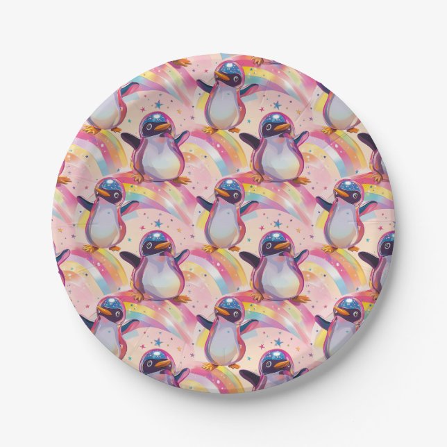 Cute Rainbow Penguins and Stars Pattern Paper Plates (Front)