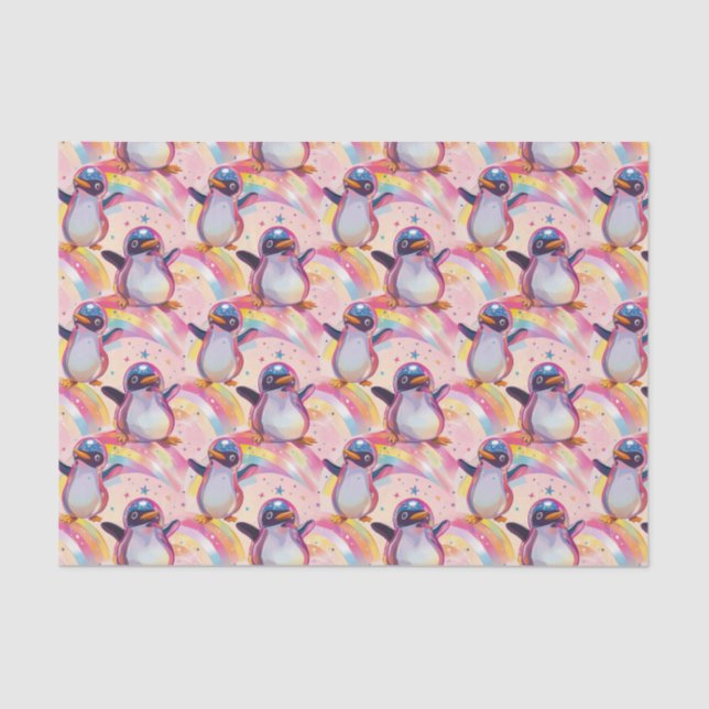 Cute Rainbow Penguins and Stars Pattern Tissue Paper (Front)