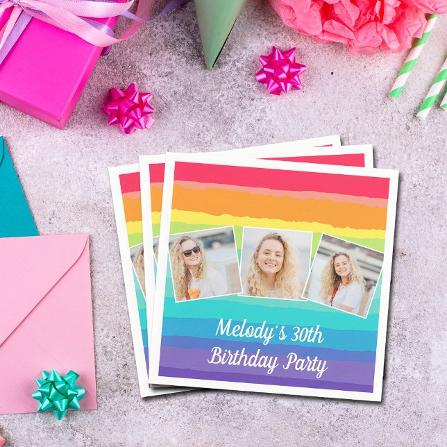 Cute Rainbow Photo Collage Custom Birthday Party Napkins (Creator Uploaded)