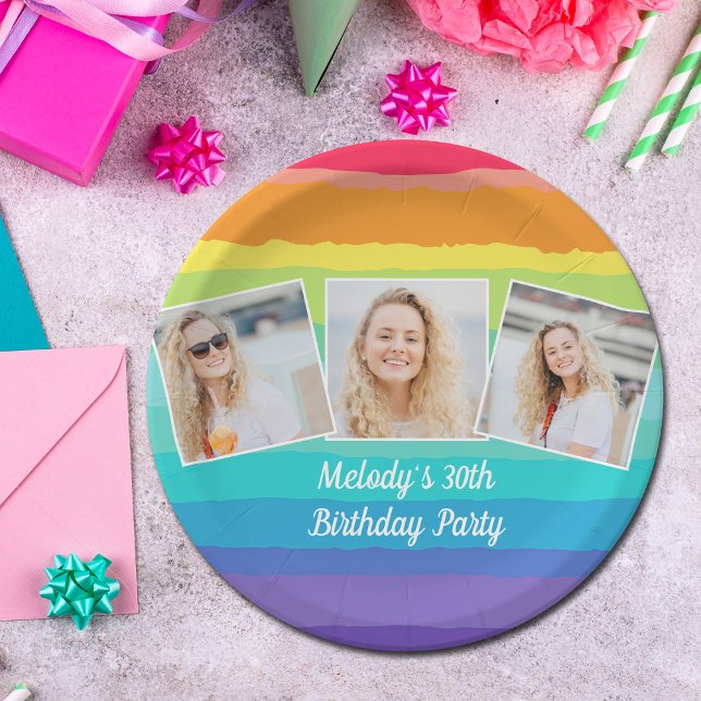 Cute Rainbow Photo Collage Custom Birthday Party Paper Plates (Creator Uploaded)