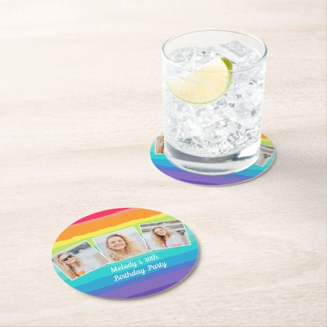 Cute Rainbow Photo Collage Custom Birthday Party Round Paper Coaster (Insitu)