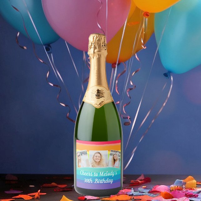 Cute Rainbow Photo Collage Custom Birthday Party Sparkling Wine Label (Creator Uploaded)