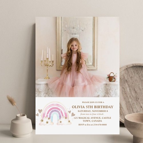 Cute Rainbow Photo Girly 5th Birthday Kids Photo  Invitation