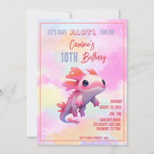 Cute Rainbow pink axolotl girl birthday Invitation