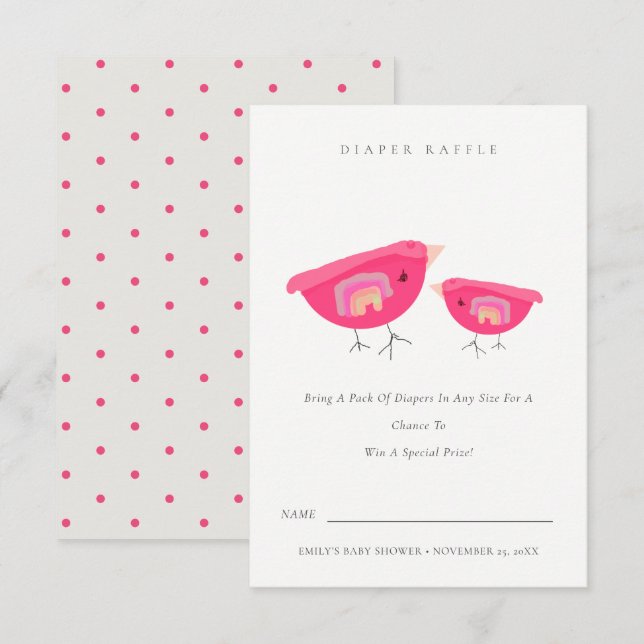 Cute Rainbow Pink Birdy Diaper Raffle Baby Shower Enclosure Card (Front/Back)