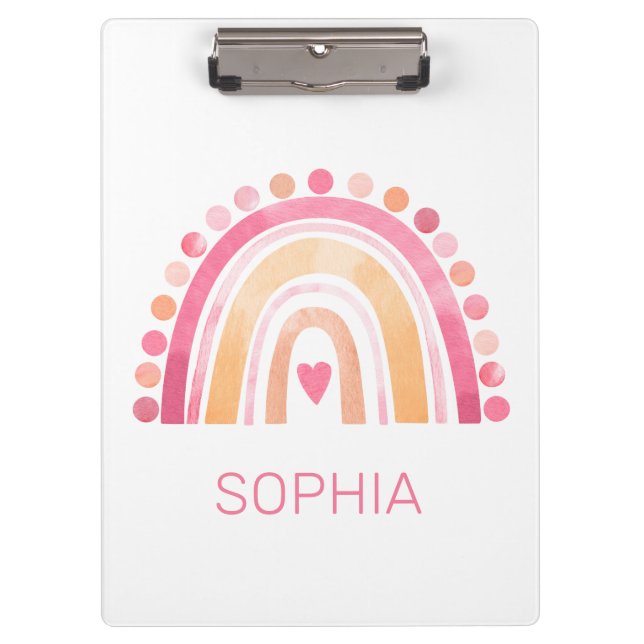 Cute Rainbow, pink boho watercolor Clipboard (Front)
