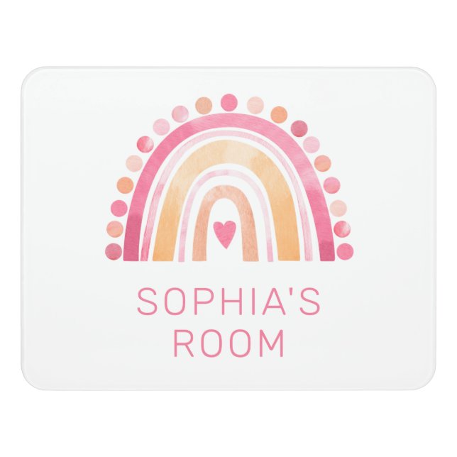 Cute Rainbow, pink boho watercolor Door Sign (Contemporary Front)