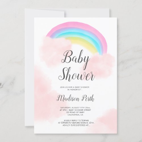 Cute rainbow pink clouds watercolor baby shower invitation