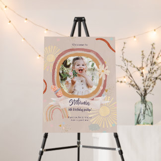 Cute Rainbow Pink Photo Birthday Welcome Sign