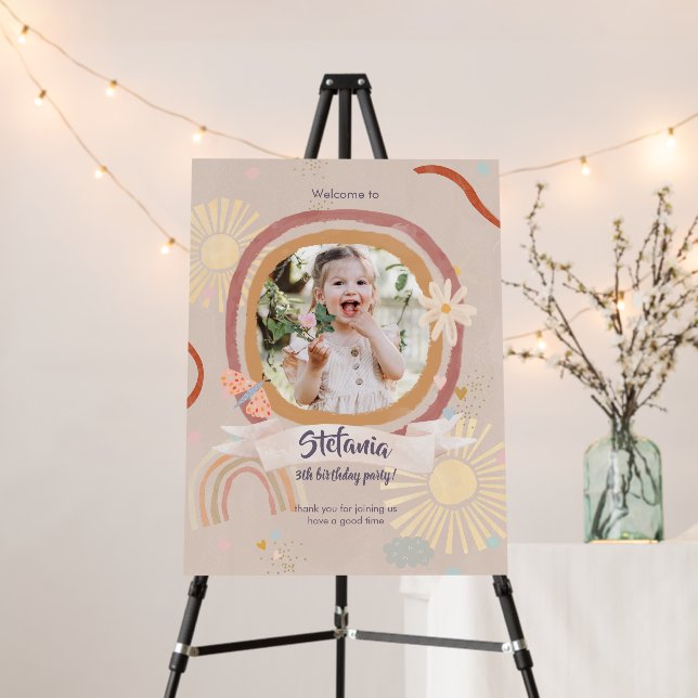 Cute Rainbow Pink Photo Birthday Welcome Sign (In Situ (Stand))