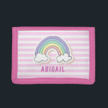 Cute Rainbow - Pink Striped Kids  Trifold Wallet<br><div class="desc">NewParkLane - Personalized Kids Wallet with a cute rainbow cartoon, against a pink striped background, with a text template for your child's name or other personal text. Easy to customize in Zazzle with your own text for a personalized design. All text styles, colors, sizes can be modified to fit your...</div>
