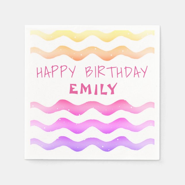 Cute Rainbow Pink Wave Pattern Girl Birthday Napkins (Front)