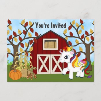 Cute Rainbow Pony And Barn Autumn Horse Birthday Invitation by TheCutieCollection at Zazzle