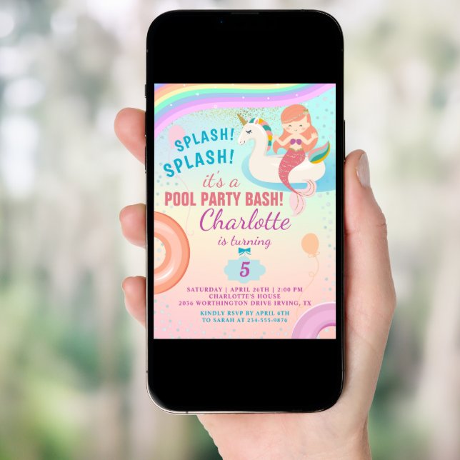 Cute Rainbow Pool Party Unicorn Mermaid Birthday Invitation (Front Digital)