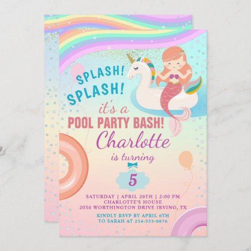 Cute Rainbow Pool Party Unicorn Mermaid Birthday Invitation
