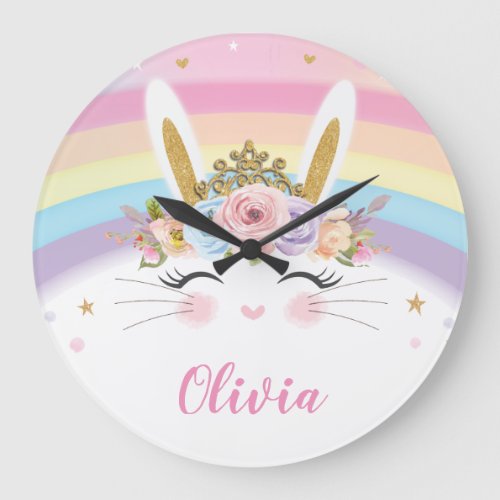 Cute Rainbow Princess Bunny Rabbit Kids Room Decor Large Clock