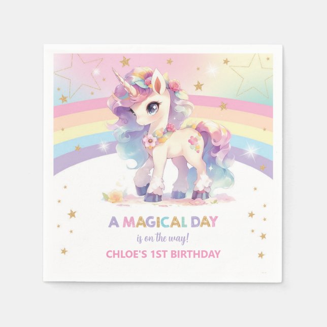 Cute Rainbow Princess Unicorn 1st Birthday Party Napkins (Front)