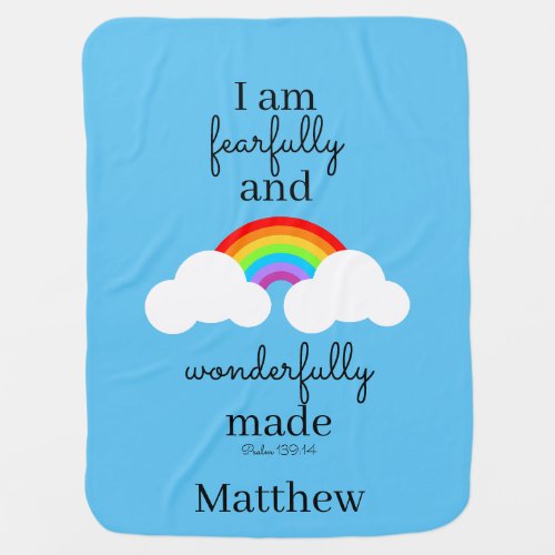Cute Rainbow Psalm 139 Scripture  Name Blue Baby Blanket