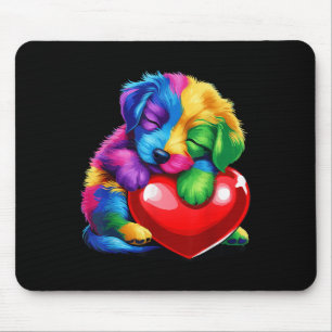 Cute Rainbow Puppy Hugging Valentine Heart Kids Bo Mouse Pad