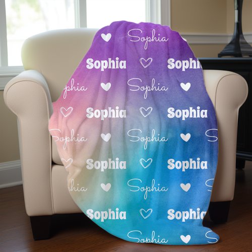 Cute rainbow repeating name personalized girly fleece blanket