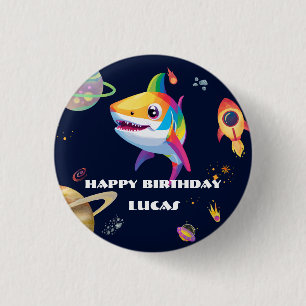 Cute rainbow Shark Galaxy Rocket birthday party Button