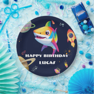 Cute rainbow Shark Galaxy Rocket birthday party Paper Plates