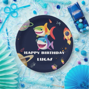 Cute rainbow Shark Galaxy Rocket birthday party  Paper Plates