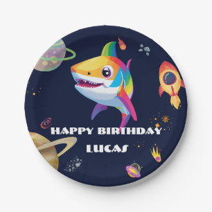 Cute rainbow Shark Galaxy Rocket birthday party Paper Plates