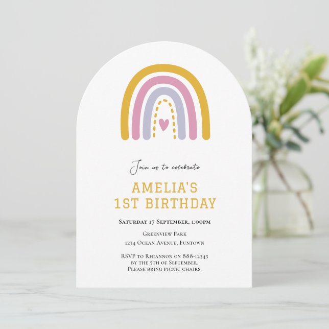 Cute Rainbow simple 1st birthday invitation (Standing Front)
