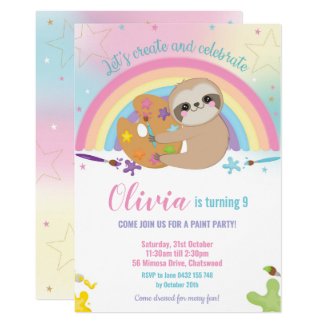 Cute Rainbow Sloth Art Paint Birthday Party Girl Invitation