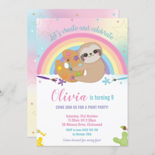 Cute Rainbow Sloth Art Paint Birthday Party Girl Invitation