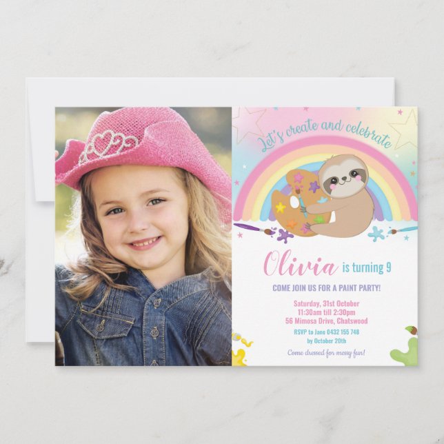 Cute Rainbow Sloth Art Party Paint Birthday Photo Invitation (Front)