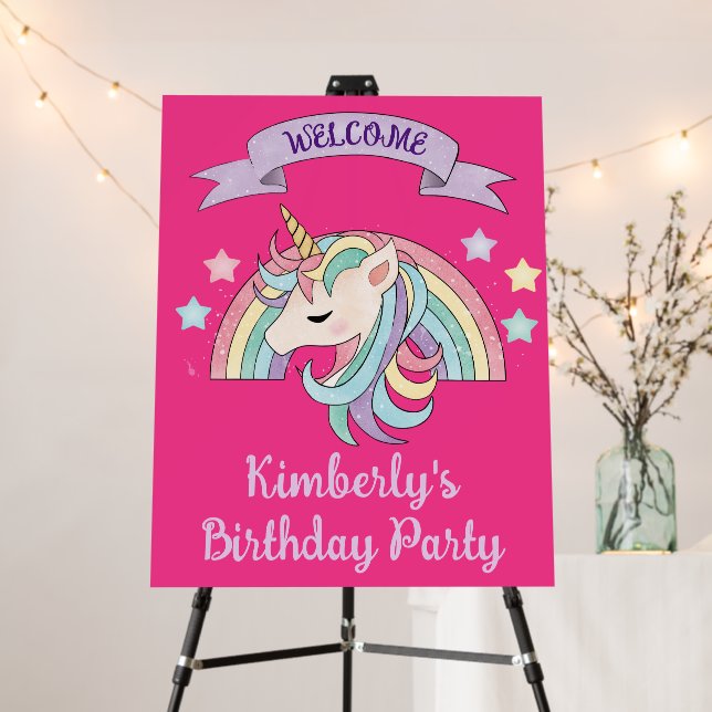 Cute Rainbow & Sparkly Unicorn Hot Pink Birthday Foam Board (In Situ (Stand))