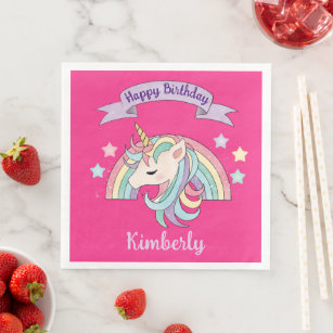 Cute Rainbow & Sparkly Unicorn Hot Pink Birthday Paper Dinner Napkins