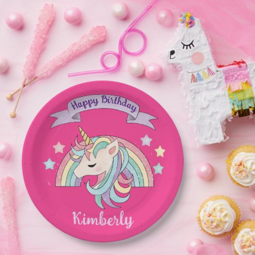 Cute Rainbow  Sparkly Unicorn Hot Pink Birthday Paper Plates