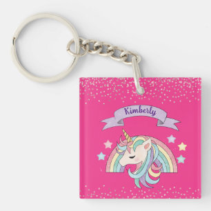 Cute Rainbow & Sparkly Unicorn Hot Pink Glitter Keychain