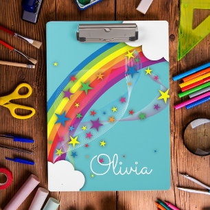 Cute Rainbow Stars and Clouds Sky Blue  Clipboard