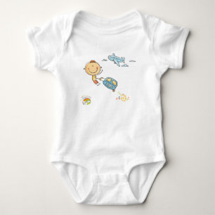 Cute Rainbow Stick Figure Boy Airplane Suitcase  Baby Bodysuit